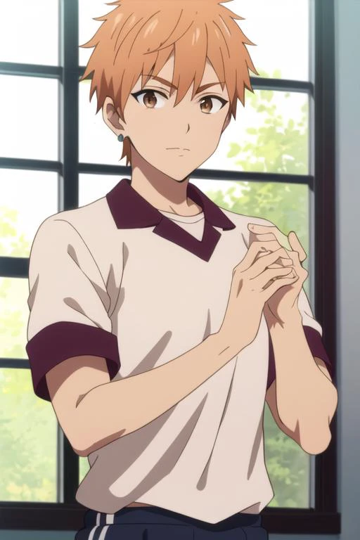 masterpiece, best quality, high quality, 1boy, solo, male focus, looking at viewer, upper body, <lora:shion_asuma:0.66>, shion_asuma, brown eyes, orange hair, jewelry, , gym uniform