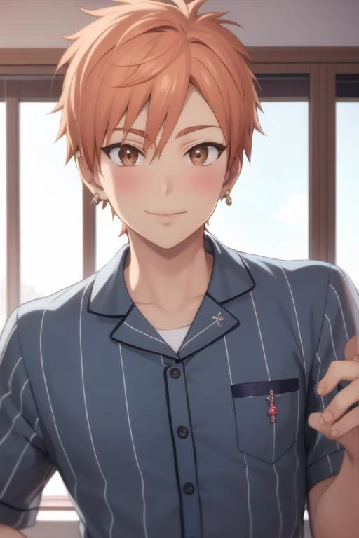 masterpiece, best quality, high quality, 1boy, solo, male focus, looking at viewer, upper body, <lora:shion_asuma:0.76>, shion_asuma, brown eyes, orange hair, jewelry, realistic, pajamas