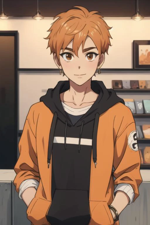 masterpiece, best quality, high quality, 1boy, solo, male focus, looking at viewer, upper body, <lora:shion_asuma:0.74>, shion_asuma, brown eyes, orange hair, jewelry, , hoodie