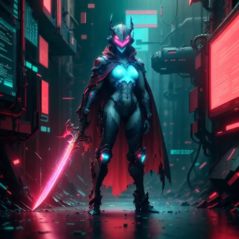 <lora:MalwareTech-22:0.9>, matwaretech  , scifi, cyberpunk, pixelated,  malware glitch,  red hues, 
female knight,  armor, holding sword, full body,   glowing cape , standing,