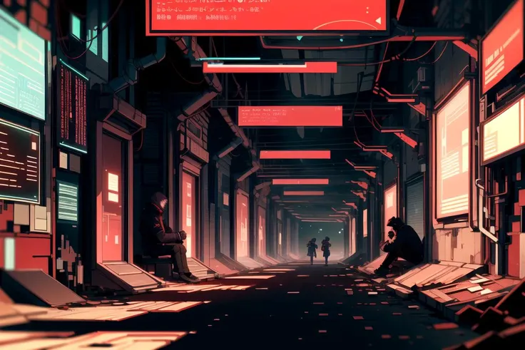 masterpiece, best quality,
slums, dark alley, beggars, crowed , siting in a corner , multiple boys, 
 <lora:MalwareTech-22:0.8>, matwaretech , scifi, cyberpunk, pixelated, malware glitch, red hues ,