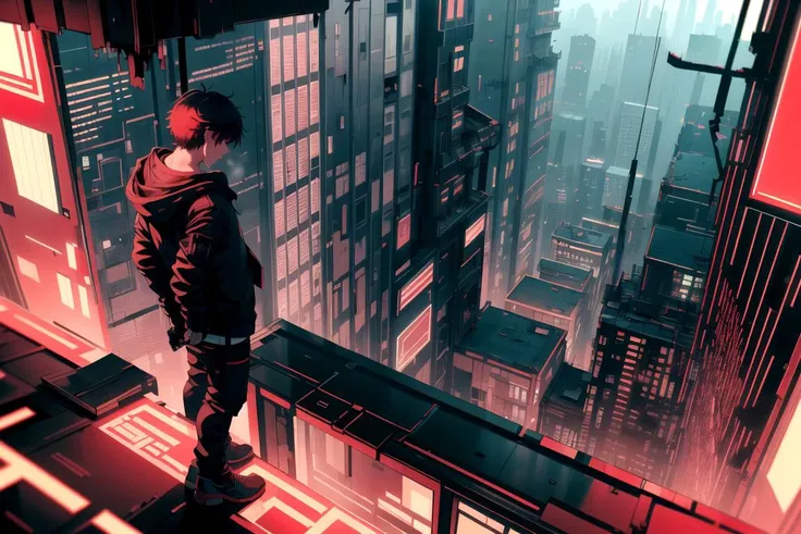 masterpiece, best quality,
from above, city lights, rooftop,top view of the city,( a man on the balcony of a penthouse :1.1) , 1boy, hooded jacket,  chaotic destroyed city ,
 <lora:MalwareTech-22:0.8>, matwaretech , scifi, cyberpunk, pixelated, malware gli...