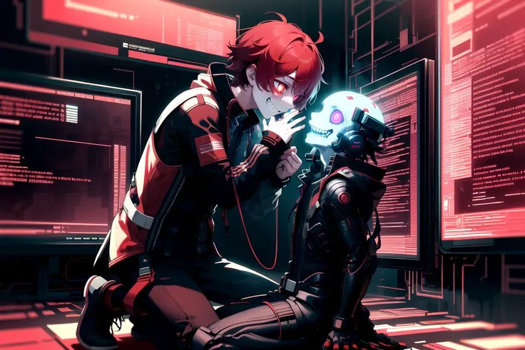 masterpiece, best quality,
grin,   tearing face apart, (kneeling:1.2),  hands on face , red hair, looking to the sky above , 1boy, 
 <lora:MalwareTech-22:0.8>, matwaretech , scifi, cyberpunk, pixelated, malware glitch, red hues ,  glowing eyes,