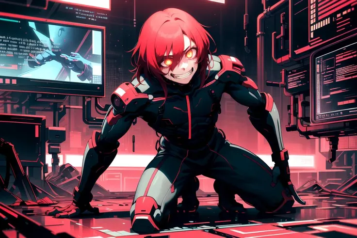 masterpiece, best quality,
grin,   tearing face apart, (kneeling:1.2),  hands on face , red hair, looking to the sky above , 1boy, 
 <lora:MalwareTech-22:0.8>, matwaretech , scifi, cyberpunk, pixelated, malware glitch, red hues ,  glowing eyes,