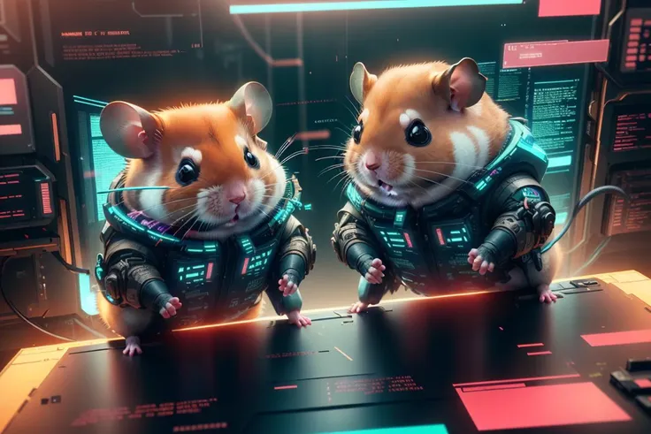 two hamsters in space suits sit on a desk in front of a computer