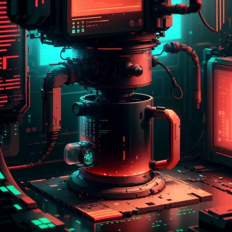 <lora:MalwareTech-22:0.9>, matwaretech , scifi, cyberpunk, pixelated, malware glitch, red hues , 
(coffee machine:1.1) ,