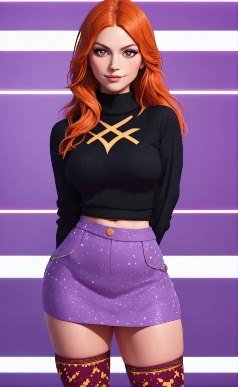 woman wearing sleefest with Black criss cross pattern with mini skirt bottom. Olive stockings with Violet pattern, turtleneck, , middle shot,
 solo, long hair, looking at viewer, orange hair,  sparkling eyes,
([Jennifer( :0)Lopez|marina visconti|Audra Mill...