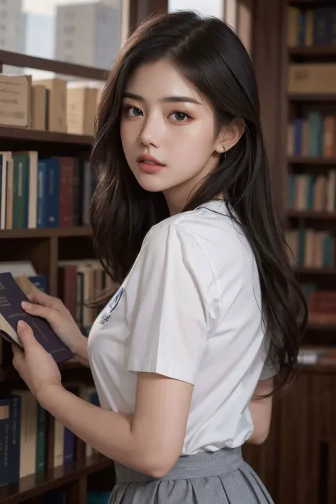 a woman in a white shirt is holding a book in a library