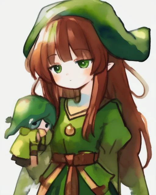 1girl, watercolor, sketch, green gnome, traditional_media, white_background <lora:green_suits_v1:0.7>