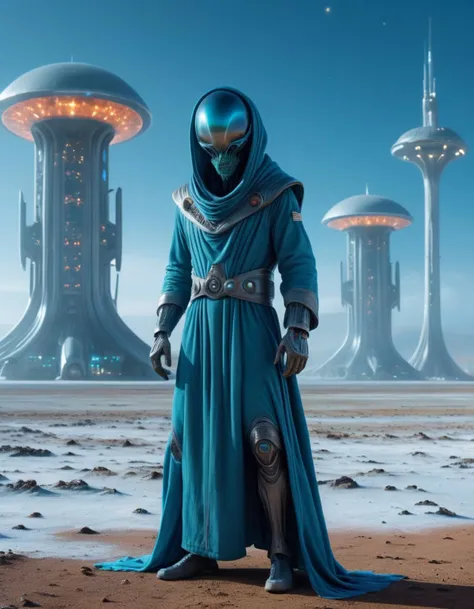 a man in a blue robe standing in front of a futuristic city