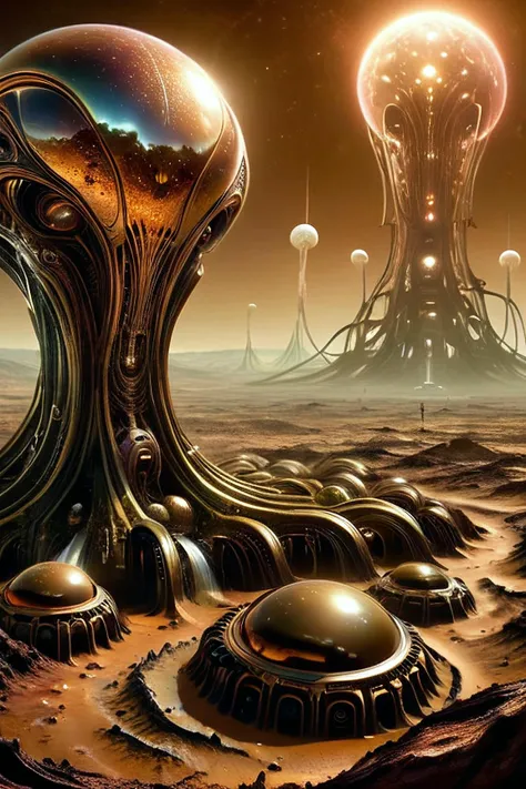 a close up of a futuristic city on a desert with a giant alien object