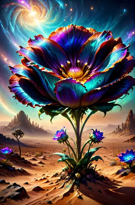 a painting of a flower in the desert with a spiral galaxy in the background