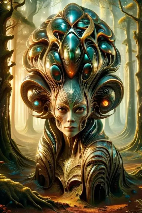 woman in a mythical forest, masterpiece, perfect face, intricate details, horror theme <lora:alienzkin:1> alienzkin style