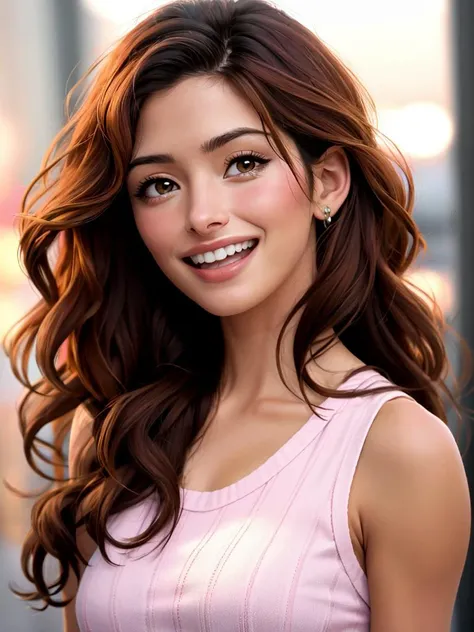 A beautiful s4r4hs woman, 1girl,solo,long hair,looking at viewer,smile,open mouth,brown hair,shirt,black hair,bare shoulders,brown eyes,upper body,teeth,sleeveless,blurry,lips,blurry background,realistic,soft lighting, professional Photography, Photorealis...