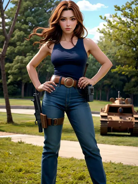 A beautiful s4r4hs woman, 1girl,solo,long hair,breasts,looking at viewer,brown hair,shirt,brown eyes,standing,weapon,outdoors,day,belt,pants,blurry,tree,gun,black pants,tank top,grass,handgun,hands on hips,realistic,holster,soft lighting, professional Phot...