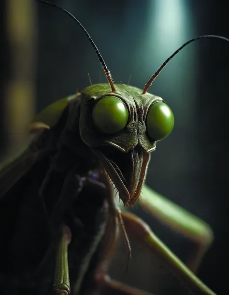 detailed close up 4k photograph of a praying mantis face inside a dark gloomy cathedral,fog,volumetric lighting,mystical,intricate,scary,highly detailed,photorealistic,octane,8k,unreal engine,and greg rutkowski and alphonse mucha,<lora:add-detail-xl:1.6>,D...