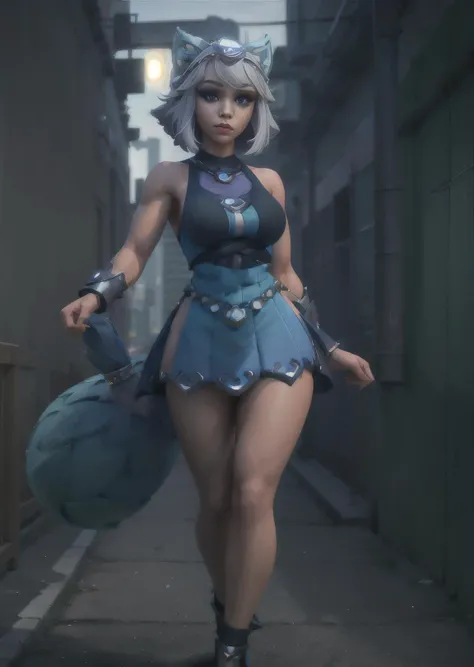 1girl, io (paladins),  huge_tail,( flapper costume:1.2), alleyway background, volumetric lighting, best quality, 8k, cinematic lighting, (masterpiece:1.2), (best quality:1.2), perfect face, (perfect eyes:1.3), realistic, colorful ,muscular, glowing eyes,  ...