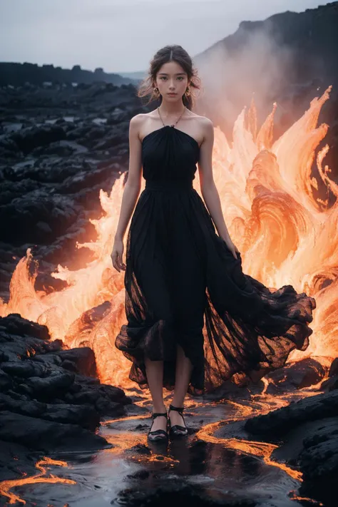 a woman in a black dress standing in front of a fire