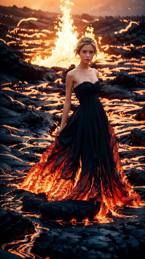 <lora:wlqc_20230819041248:0.8>, 1girl,fire dress,lava,