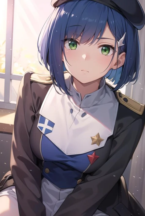 franxxichigo, <lyco:ichigo-lyco-nochekaiser:1>, 
ichigo, blue hair, (green eyes:1.5), hair ornament, hairclip, short hair,
BREAK beret, hat, military, military uniform, uniform,
BREAK looking at viewer,
BREAK indoors, classroom,
BREAK <lyco:GoodHands-beta2...