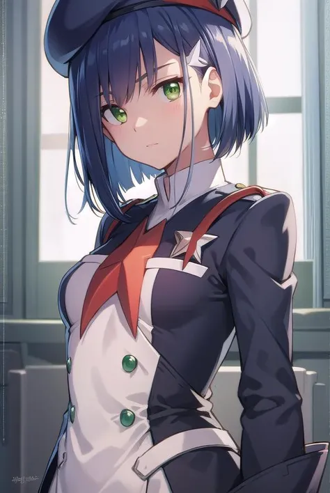 franxxichigo, <lyco:ichigo-lyco-nochekaiser:1>, 
ichigo, blue hair, (green eyes:1.5), hair ornament, hairclip, short hair,
BREAK beret, hat, military, military uniform, uniform,
BREAK looking at viewer,
BREAK indoors, classroom,
BREAK <lyco:GoodHands-beta2...