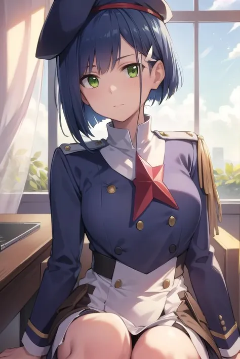 franxxichigo, <lyco:ichigo-lyco-nochekaiser:1>, 
ichigo, blue hair, (green eyes:1.5), hair ornament, hairclip, short hair,
BREAK beret, hat, military, military uniform, uniform,
BREAK looking at viewer,
BREAK indoors, classroom,
BREAK <lyco:GoodHands-beta2...