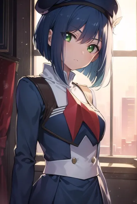 franxxichigo, <lyco:ichigo-lyco-nochekaiser:1>, 
ichigo, blue hair, (green eyes:1.5), hair ornament, hairclip, short hair,
BREAK beret, hat, military, military uniform, uniform,
BREAK looking at viewer,
BREAK indoors, classroom,
BREAK <lyco:GoodHands-beta2...