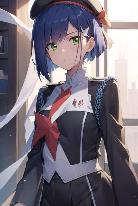 franxxichigo, <lyco:ichigo-lyco-nochekaiser:1>, 
ichigo, blue hair, (green eyes:1.5), hair ornament, hairclip, short hair,
BREAK beret, hat, military, military uniform, uniform,
BREAK looking at viewer,
BREAK indoors, classroom,
BREAK <lyco:GoodHands-beta2...