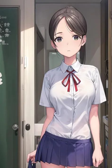 anime girl in school uniform standing in front of a door