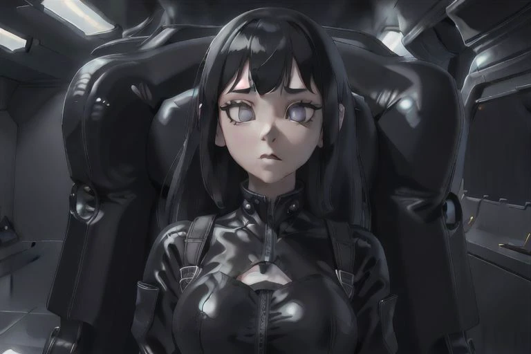 a close up of a woman in a black leather outfit sitting in a chair