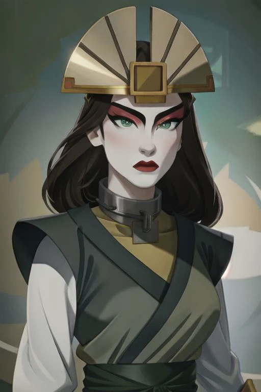 kyoshi, (metal collar), helmet, (green eyes), makeup, eyeshadow, red lips