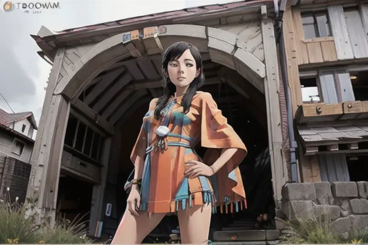 anime girl in native dress standing in front of a building