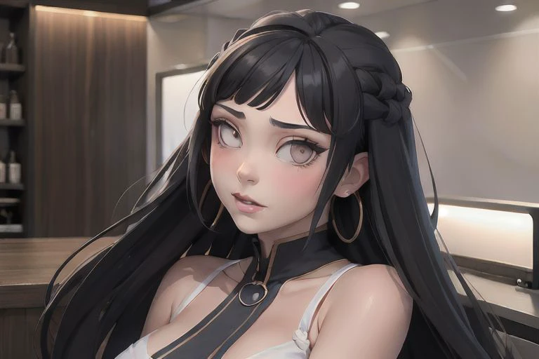 anime girl with long black hair and big breasts in a kitchen