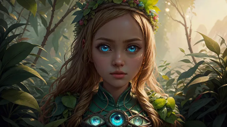 a woman with blue eyes and a green dress in a jungle