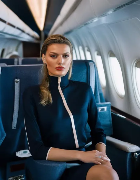 Ireland, <lora:BregjeHeinen:1> Bregje Heinen, a dutch model, posing working as a stewardess on a plane, high-necked clothing, professional lighting, professionally color graded 35 mm negative film, tack sharp, fashion shoot, tack sharp, Nikon DSLR