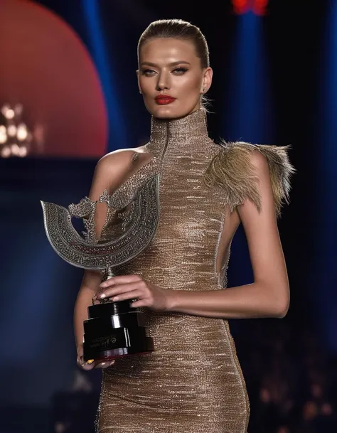 Mongolia, <lora:BregjeHeinen:1> Bregje Heinen, a dutch model, posing receiving a price in her honor, gala, high-necked clothing, professional lighting, professionally color graded Nikon DSLR, tack sharp, fashion shoot, tack sharp, Nikon DSLR