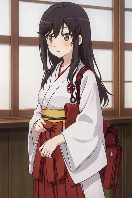 best quality, masterpiece, highres, solo, {white kimono:1.35}, {red hakama:1.35}, {wide sleeves:1.20}, {ichijou_hotaru_nonnonbiyori:1.15}, black_hair, long_hair, brown_eyes, blush, brown_hair