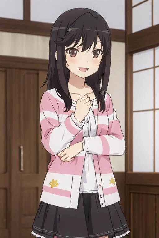 best quality, masterpiece, highres, solo, {ichijou_hotaru_nonnonbiyori:1.15}, black_hair, long_hair, brown_eyes, blush, brown_hair, 1girl, ^_^, closed_eyes, smile, sparkle, striped, open_mouth, :d, long_sleeves, upper_body