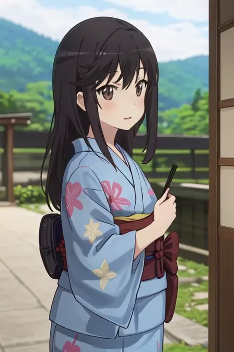 best quality, masterpiece, highres, solo, {yukata:1.40}, {kimono:1.20}, {ichijou_hotaru_nonnonbiyori:1.15}, black_hair, long_hair, brown_eyes, blush, brown_hair