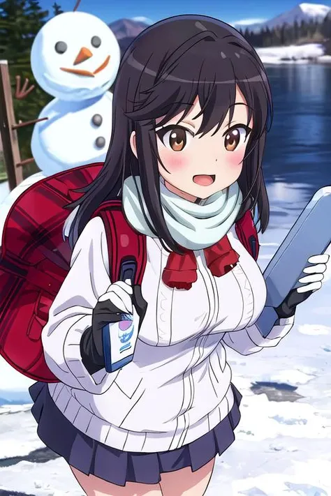 masterpiece, best quality,ultra detail,<lora:GoodHands-vanilla:0.8> <lora:anmnr01:0.3> <lora:add_detail:0.5>,from above,winter outfit,large breasts,ichijou_hotaru_nonnonbiyori,<lora:ichijou_hotaru_nonnonbiyori:0.7>,snow,winter,snowman,happy,grab ice board ...