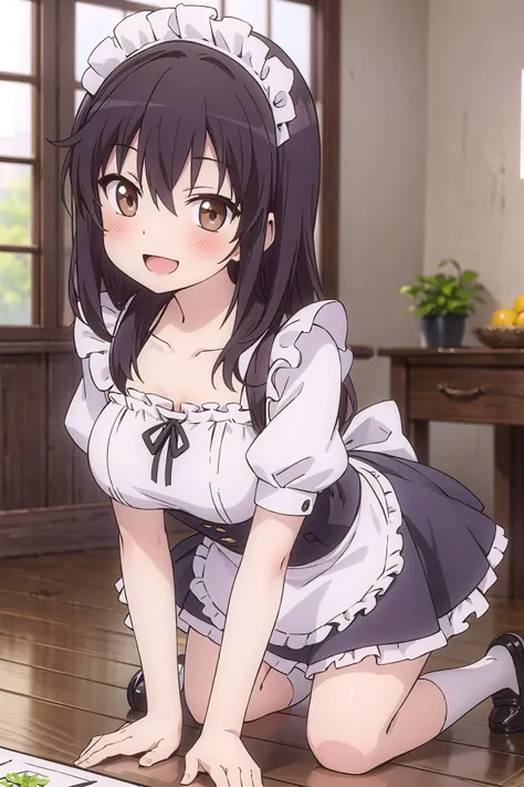 masterpiece, best quality, 1girl, solo,
<lora:ichijou_hotaru_nonnonbiyori:0.8> ichijou_hotaru_nonnonbiyori, ichijou hotaru, brown eyes, black hair, long hair, hair between eyes, sidelocks, large breasts, 
indoors, maid, maid headdress, collarbone, frills, ...