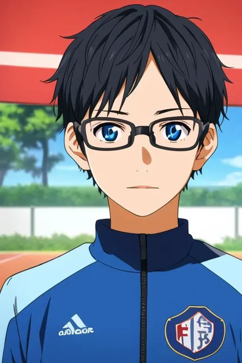 masterpiece, best quality, illustration, 1boy, solo, male focus, looking at viewer, , depth of field, <lora:kousei_arima:0.74>, kousei_arima, black hair, glasses, blue eyes, track suit,