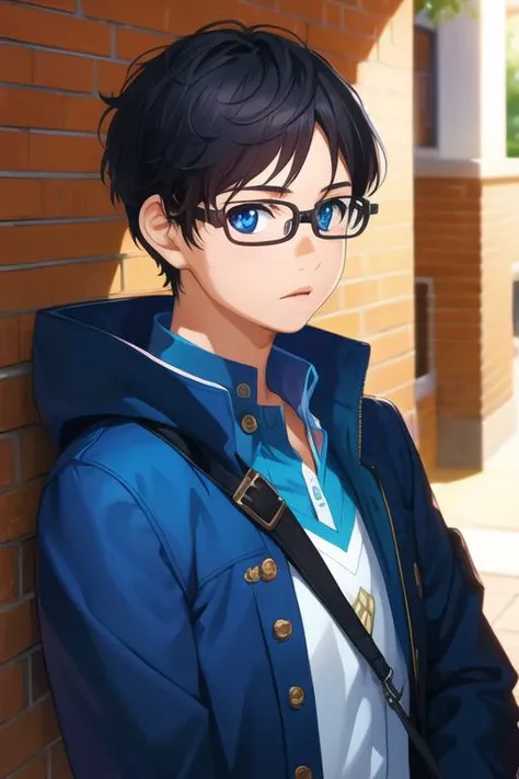 masterpiece, best quality, photorealistic, 1boy, solo, male focus, looking at viewer, upper body, depth of field, <lora:kousei_arima:0.66>, kousei_arima, black hair, glasses, blue eyes, coat,