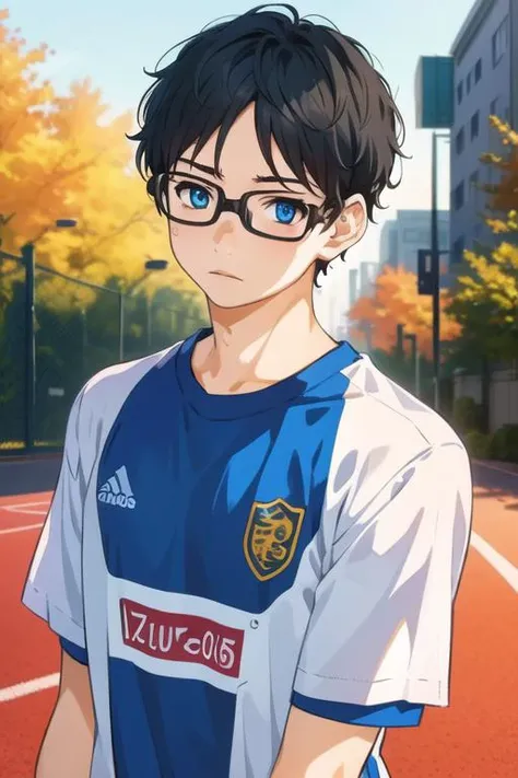 masterpiece, best quality, illustration, 1boy, solo, male focus, looking at viewer, upper body, , <lora:kousei_arima:0.70>, kousei_arima, black hair, glasses, blue eyes, sportswear,