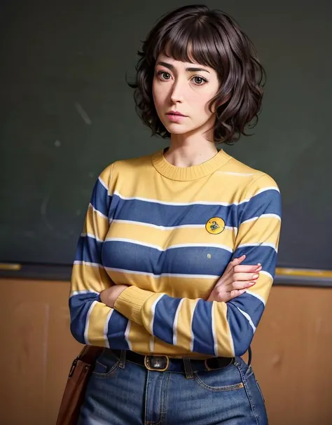 photo of a adult woman, annoyed expressions,(pretty eyes), frowning lips, ((looking away)), short hair,messy hair, ((japanese classroom background)), ((yellow striped long sleeve sweater)), ((blue denim skirt)), teacher P5_Kawakami, ((arms crossed)), cente...