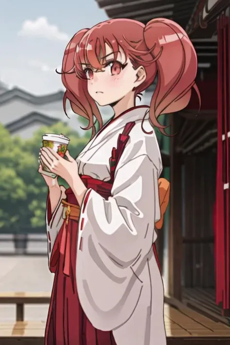 best quality, masterpiece, highres, solo, {white kimono:1.35}, {red hakama:1.35}, {wide sleeves:1.20}, {sakurabakoma_edomaeelf:1.15}, red_hair, twintails, red_eyes, ribbon, neck_ribbon, bangs, red_ribbon, blush