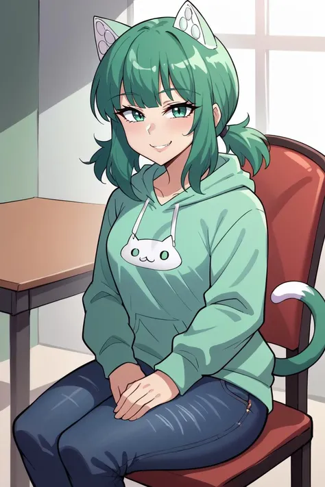 score_9, score_8_up, source_anime, 1girl, solo BREAK <lora:androidchan-pdxl-nvwls-v1-000006:1> adchan, green hair, cat ears, low twintails, tail, green hoodie, jeans, sitting, chair, looking at viewer, smile, furrowed brow, :3, cat face