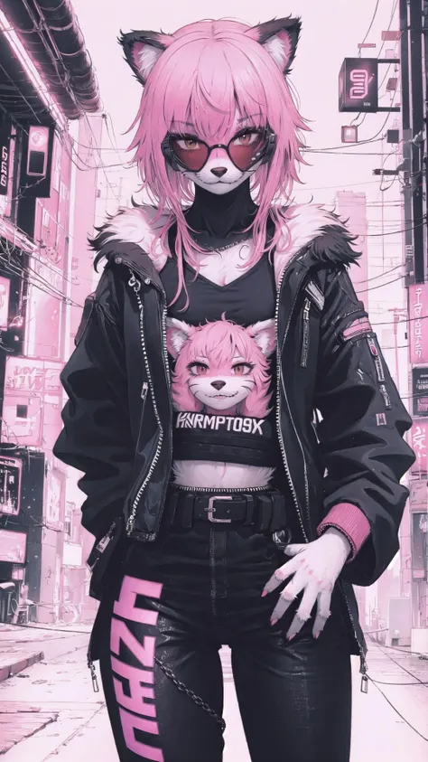 a woman in a black jacket and pink hair standing in a city