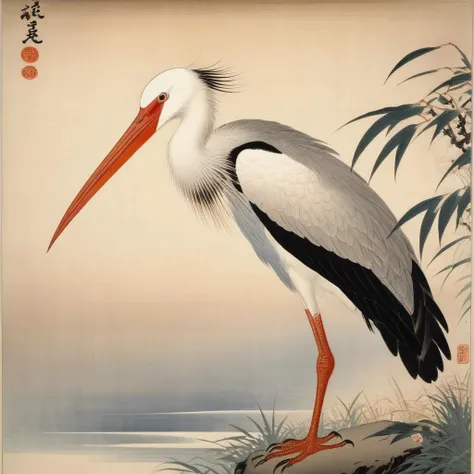 a photo of  <lora:Ohara Koson Style:1> Ohara Koson Style page - a beautiful stork, highest quality, masterpiece, highly detailed