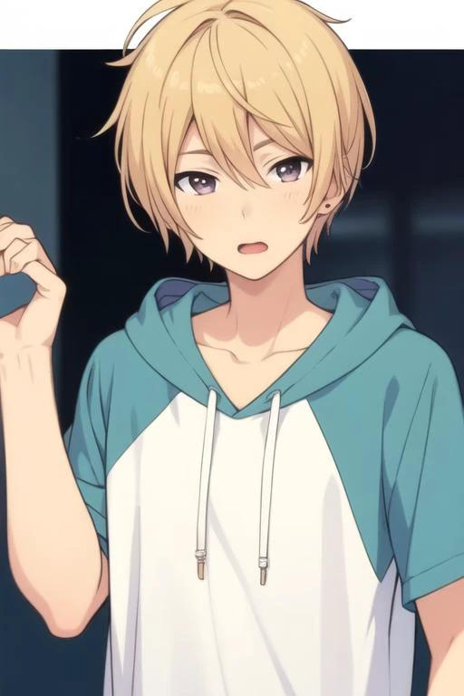 masterpiece, best quality, illustration, 1boy, solo, male focus, looking at viewer, upper body, depth of field, <lora:kazuomi_ooga:0.66>, kazuomi_ooga, blonde hair, hoodie,